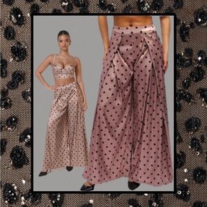 AKIRA Lorraine Mauve Polka Dot Satin Wide Leg Pants Perfect for Quite Luxury